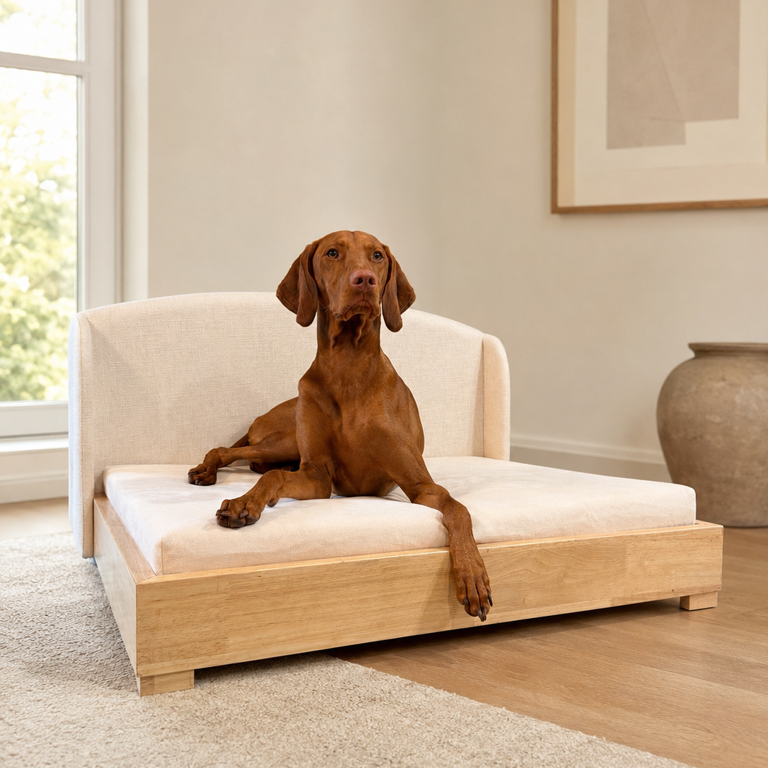 The Haven — Mafé's solid hardwood orthopedic dog bed with a zip-off washable cover, in Cream or Cocoa