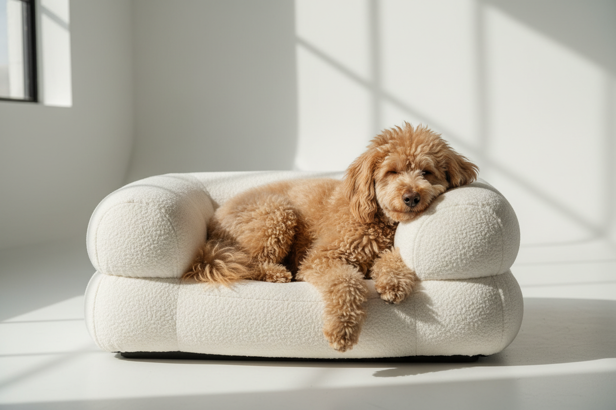 show a human like marshmallow boucle dog bed with a poodle on it